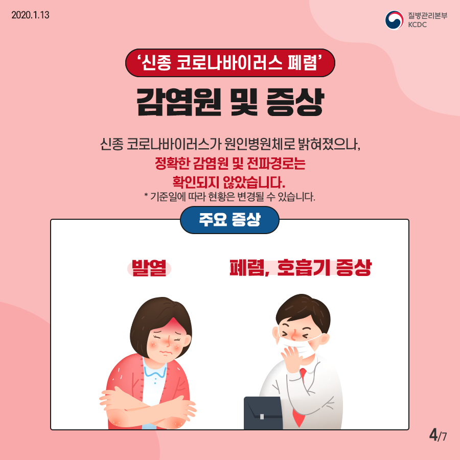 신종 코로나바이러스 폐렴 감염원 및 증상 신종 코로나바이러스가 원인병체로 밝혀졌으나, 정확한 감염원 및 전파경로는 확인되지 않았습니다. *기준일에 따라 현황은 변경될 수 있습니다. 주요증상:발열, 폐렴, 호흡기 증상