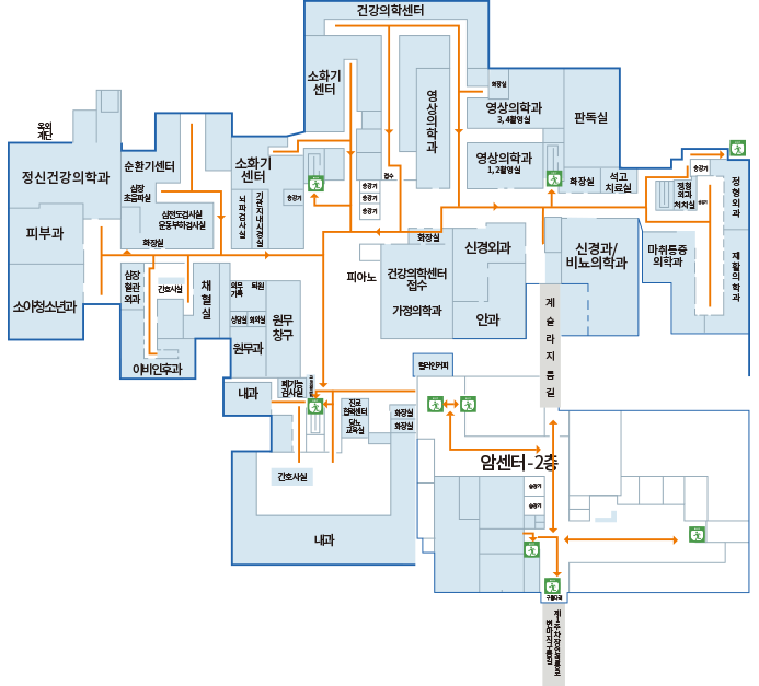본관동 2F : 정신건강의학과, 피부과, 소아청소년과, 순환기센터, 심장초음파실, 심전도검사실, 운동부하검사실, 심장혈관외과, 이비인후과, 간호사실, 채혈실, 소화기센터, 뇌파검사실, 기관지내시경실, 원무과, 내과, 폐기능 검사실, 내과, 진료협력센터, 당뇨교육실, 건강의학센터, 영상의학과, 신경외과, 건강의학센터 접수, 가정의학과, 안과, 신경과/비뇨의학과, 마취통증의학과, 판독실, 석고치료실, 정형외과 처치실, 정형외과, 재활의학과, 암센터-2