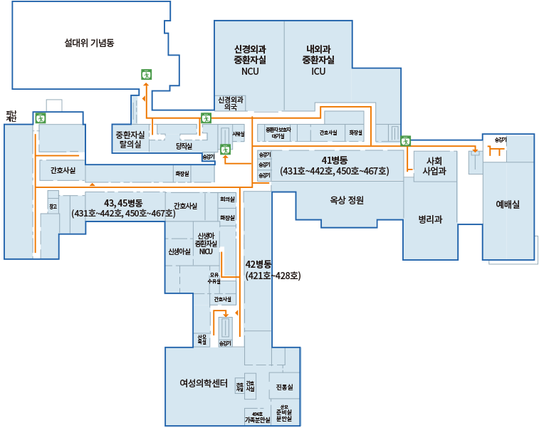 본관동 4F : 설대위 기념동, 신경외과 중환자실 NCU, 내외과중환자실 ICU, 중환자실 탈의실, 당직실, 중환자보호자대기실, 간호사실, 화장실, 사회사업과, 예배실, 병리과, 41병동(431호~442호, 450호~467호), 옥상 정원, 42병동(421호~428호), 여성의학센터, 진통실, 494호 가족분만실, 산모준비실분만실, 산모특실, 모유수유실, 신생아실, 신생아중환자실 NICU, 간호사실, 43, 45병동(431호~442호, 450호~467호)