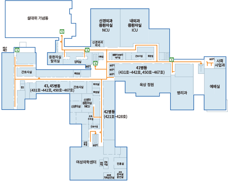 본관동 4F : 설대위 기념동, 신경외과 중환자실 NCU, 내외과 중환자실 ICU, 신경외과 의국, 41병동(431호~442호, 450호~467호), 42병동(421호~428호),43ㆍ45병동(431호~442호, 450호~467호), 신생아실, 신생아 중환자실(NICU), 모유수유실, 옥상 정원, 병리과, 사회사업과, 예배실, 여성의학센터, 가족분만실, 산모 준비실/분만실, 진통실)