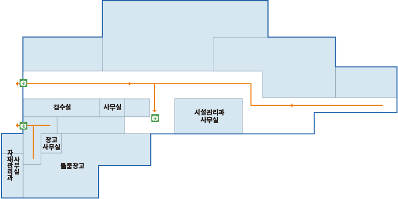 본관동 B1 : 자재관리과 사무실, 물품창고, 검수실, 시설관리과 사무실