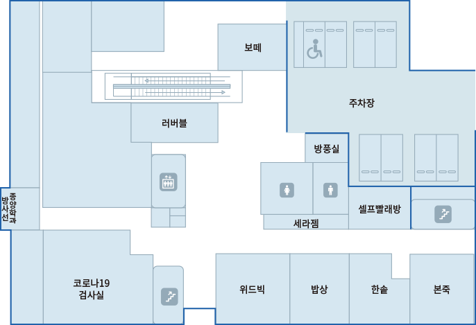 설대위기념 암센터 B1 : 방사선종양학과, 코로나19 검사실, 위드빅, 한솥, 본죽, 보떼, 세라젬, 방풍실, 셀프빨래방, 러버블