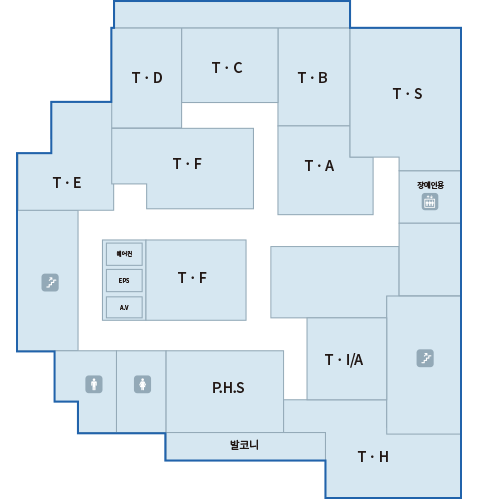 권익수기념행정동 2F : T·E, T·D, T·F, T·C, T·B, T·A, T·S, T·I,/A, T·H, 발코니, P.H.S, T·F, 에어컨, EPS, A·V