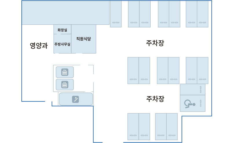 재활센터 1F : 영양과, 화장실, 주방사무실, 직원식당, 주차장