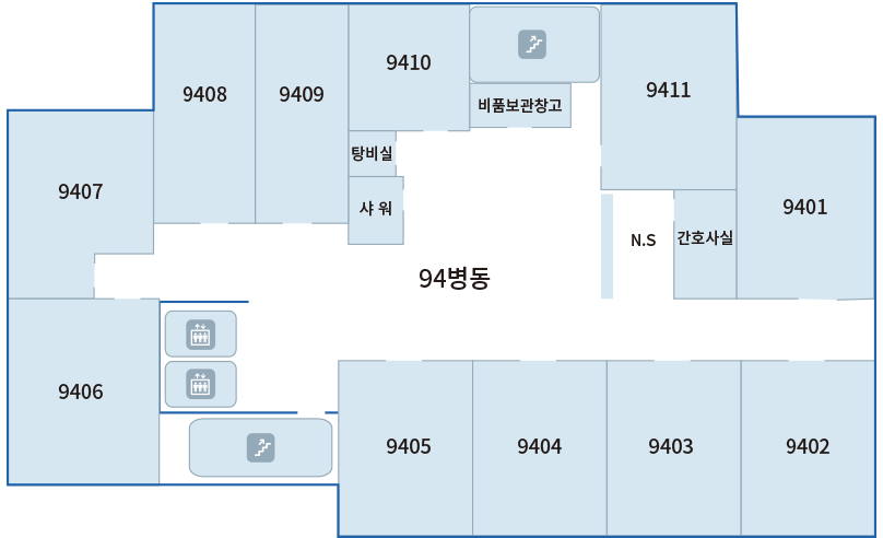 재활센터 4F : 94병동, 9407, 9408, 9409, 9410, 탕비실, 샤워, 비품보관창고, 9411, N·S, 간호사실, 9401, 9402, 9403, 9404, 9405, 9406