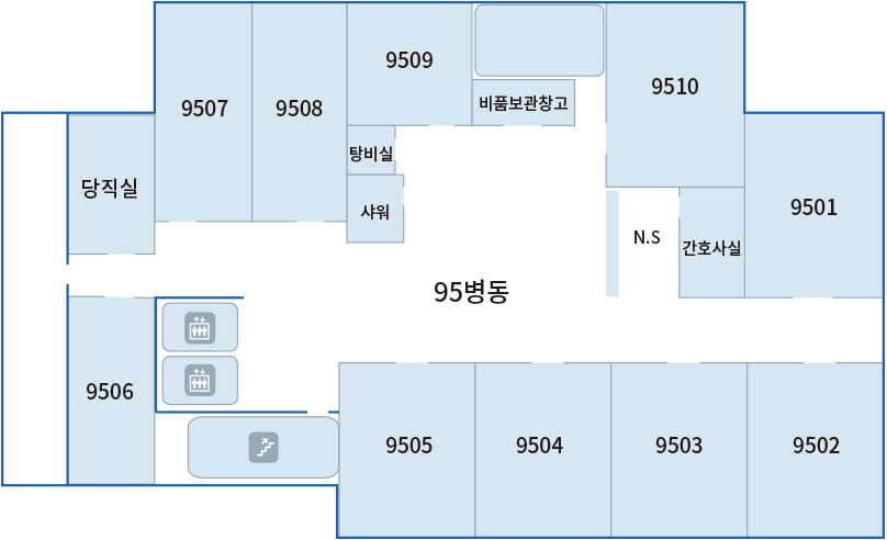 재활센터 5F : 95병동, 당직실, 9507, 9508, 9509, 탕비실, 샤워, 비품보관창고, 9510, N.S, 간호사실, 9501, 9502, 9503, 9504, 9505, 9506