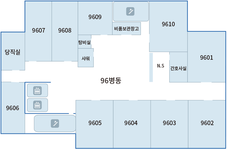 재활센터 6F : 96 병동, 당직실, 9607, 9608, 9609, 탕비실, 샤워, 비품보관창고, 9610, N.S, 간호사실, 9601, 9602, 9603, 9604, 9605, 9606