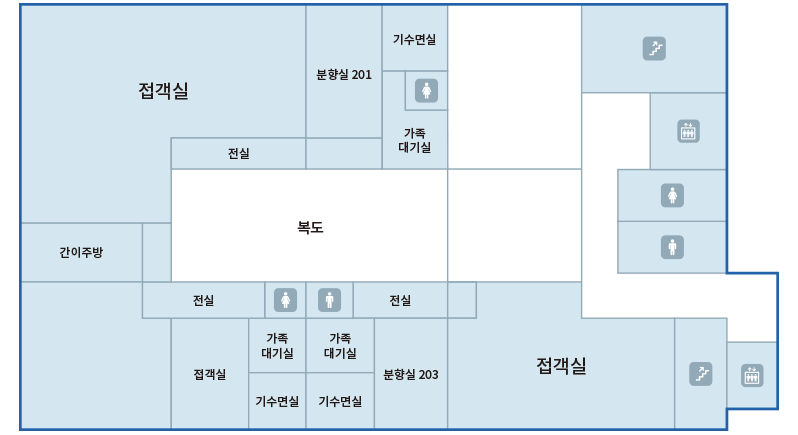 설대위기념동 2F : 간이주방, 접객실, 전실, 분향실 201, 기수면실, 가족대기실, 접객실, 전실, 분향실 203, 가족대기실, 기수면실, 가족대기실, 기수면실, 전실, 접객실