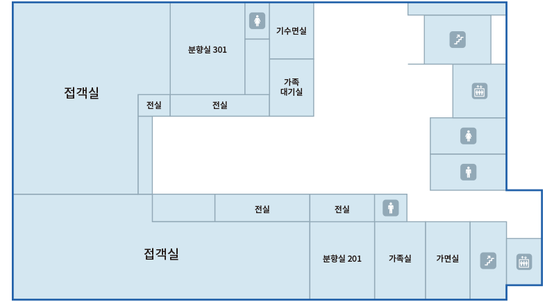 설대위기념동 3F : 접객실, 전실, 분향실301, 전실, 기수면실, 가족대기실, 가면실, 가족실, 전실, 분향실 201, 전실, 접객실