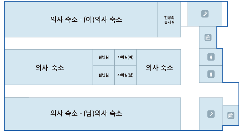 설대위기념동 4F : 의사 숙소, 린넨실, 샤워실(여), 린넨실, 샤워실(남), 의사숙소, 의사 숙소-(여)의사 숙소, 전공의 휴게실, 의사숙소-(남)의사숙소