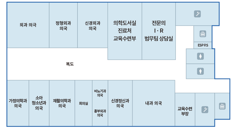 설대위기념동 5F : 외과 의극, 정형외과 의국, 신경외과 의국, 의학도서실 진료처 교육수련부, 전문의 I·R 법무팀 상담실, EPS P.S, 교육수련 부장, 내과 의국, 신경정신과 의국, 비뇨기과 의국, 흉부외과 의국, 회의실, 재활의학과 의국, 소아 청소년과 의국, 가정의학과 의국