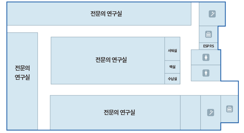 설대위기념동 6F : 전문의연구실, 전문의 연구실, 전문의 연구실, 샤워실, 렉실, 수납실, ESP P.S, 전문의 연구실