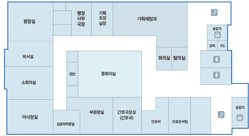 설대위기념동 1F : 96 병동, 당직실, 9607, 9608, 9609, 탕비실, 샤워, 비품보관창고, 9610, N.S, 간호사실, 9601, 9602, 9603, 9604, 9605, 9606