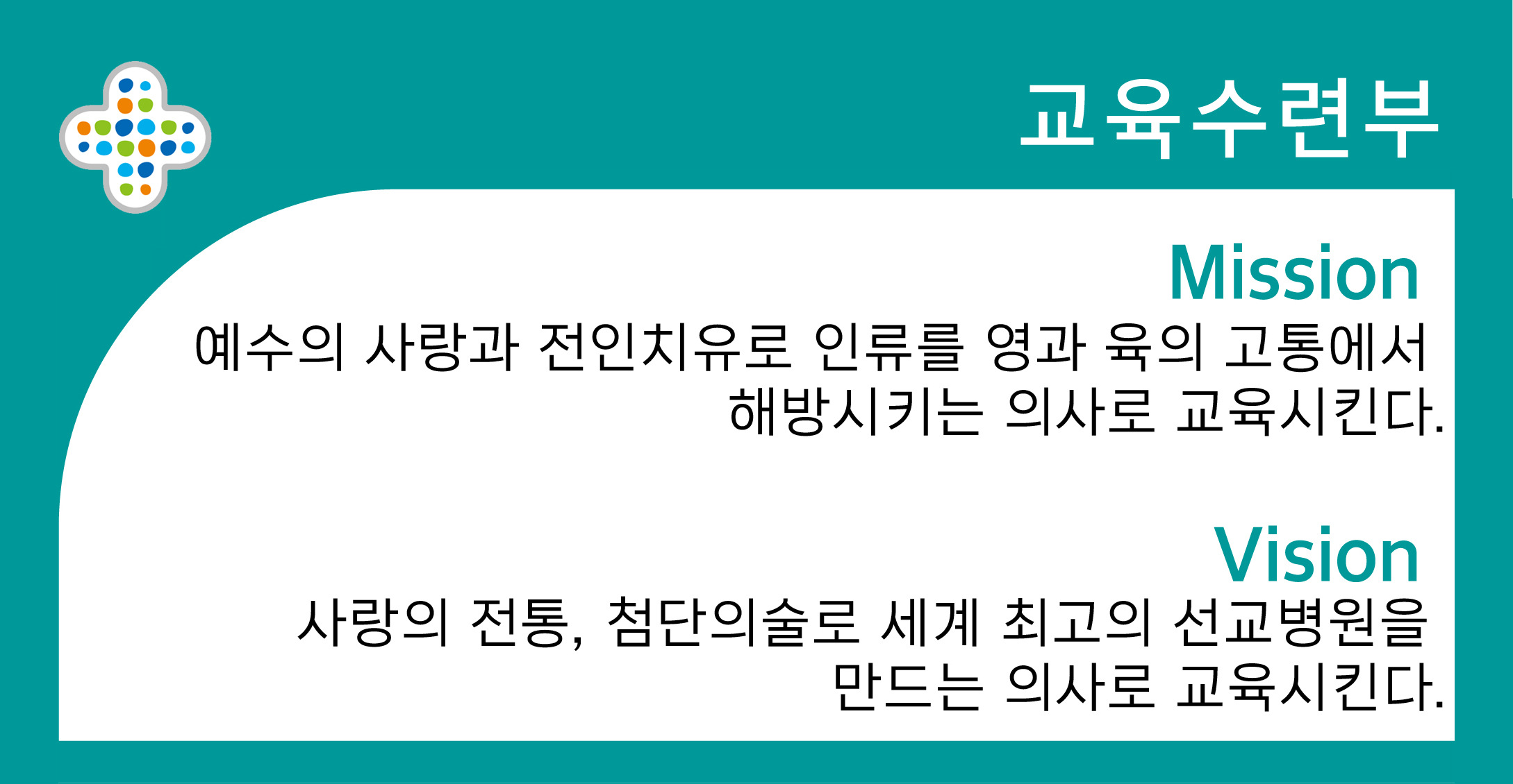 교육수련부 Mission 예수의 사랑과 전인치유로 인류를 영과 육의 고통에서 해방시키는 의사로 교육시킨다. Vision 사랑의 전통, 첨단의술로 세계 최고의 선교병원을 만드는 의사로 교육시킨다.