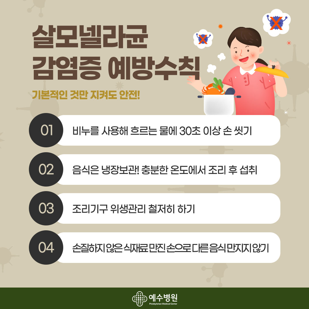 살모넬라균 감염증 예방수칙 기본적인 것만 지켜도 안전 ! 1.비누를 사용해 흐르는 물에 30초 이상 손 씻기 2.음식은 냉장보관! 충분한 온도에서 조리 후 섭취 3. 조리기구 위생관리 철저히 하기 4. 손질하지 않은 식재료
만진 손으로 다른 음식 만지지 않기 