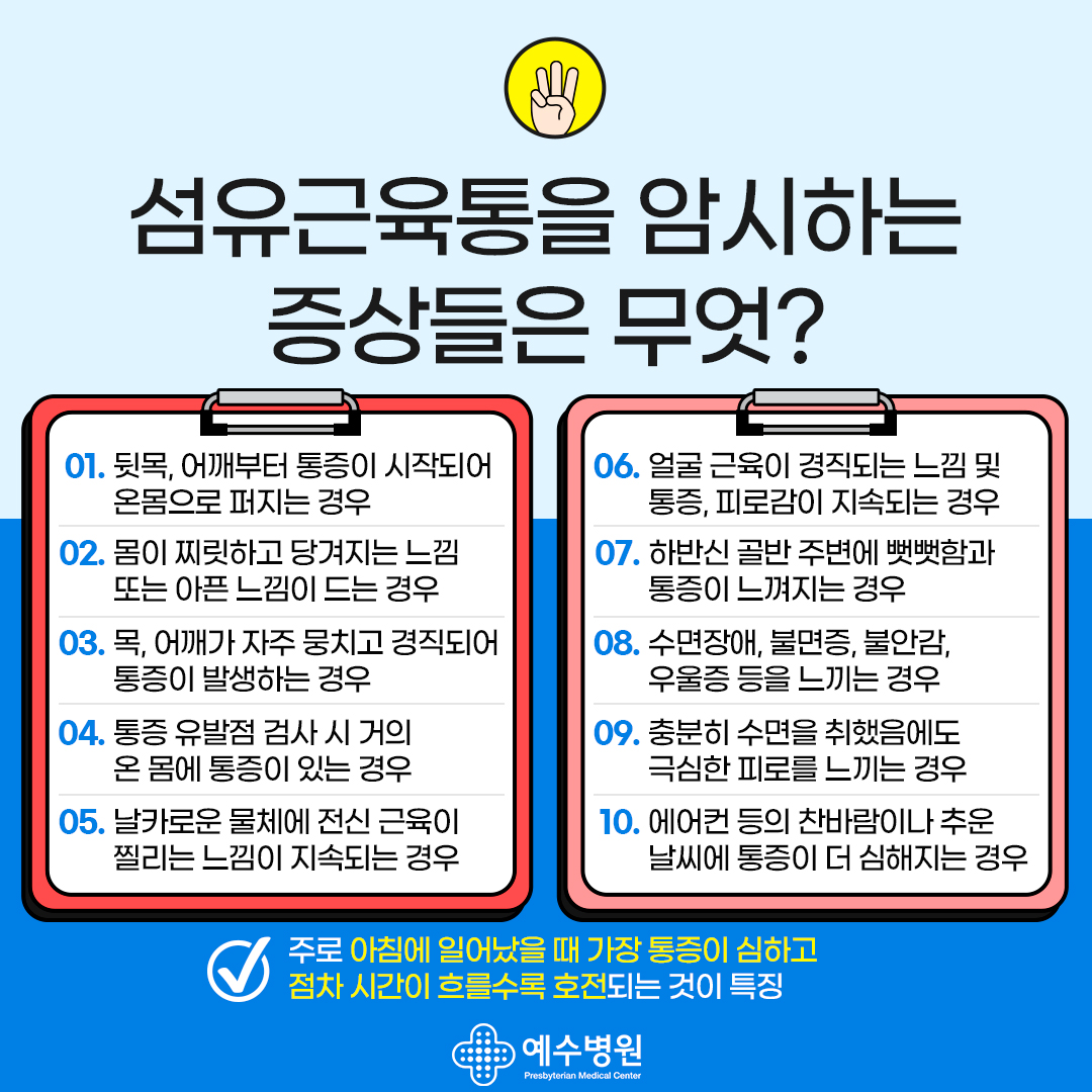 섬유근육통을 암시한느 증상들은 무엇? 1. 뒷목, 어개부터 통증이 시작되어 온몸으로 퍼지는 경우 2. 몸이 짜릿하고 당겨지는 느낌 또는 아픈 느낌이 드는 경우 3. 목, 어깨가 자주 뭉치고 경직되어 통증이 발생하는 경우 4. 통증 유발점 검사 시 거의 온 몸에 통증이 있는 경우 5. 날카로운 물체에 전신 근육이 찔리는 느낌이 지속되는 경우 6. 얼굴 근육이 경직되는 느낌 및 통증, 피로감이 지속되는 경우7. 하반신 골반 주변에 뻣뻣함과 통증이 느껴지는 경우 8. 수면장애, 불면증, 불안감, 우울증 등을 느끼는 경우 9. 충분히 수면을 취했음에도 극심한 피로를 느끼는 경우 10. 에어컨 등의 찬바람이나 추운 날씨에 통증이 더 심해지는 경우. 주로 아침에 일어났을 때 가장 통증이 심하고 점차 시간이 흐를수록 호전되는 것이 특징