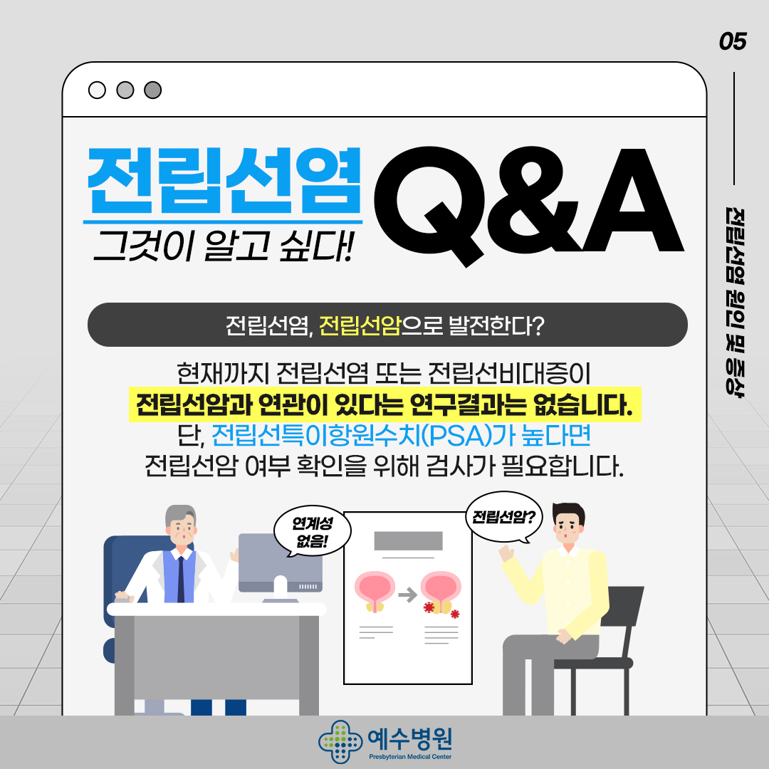 전립선염 그것이 알고 싶다! Q&A - 전립선염, 전립선암으로 발전한다? 현재까지 전립선염 또는 전립선비대증이 전립선암과 연관이 있다는 연구결과는 없습니다. 단, 전립선특이항원수치(PSA)가 높다면 전립선암 여부 확인을 위해 검사가 필요합니다.