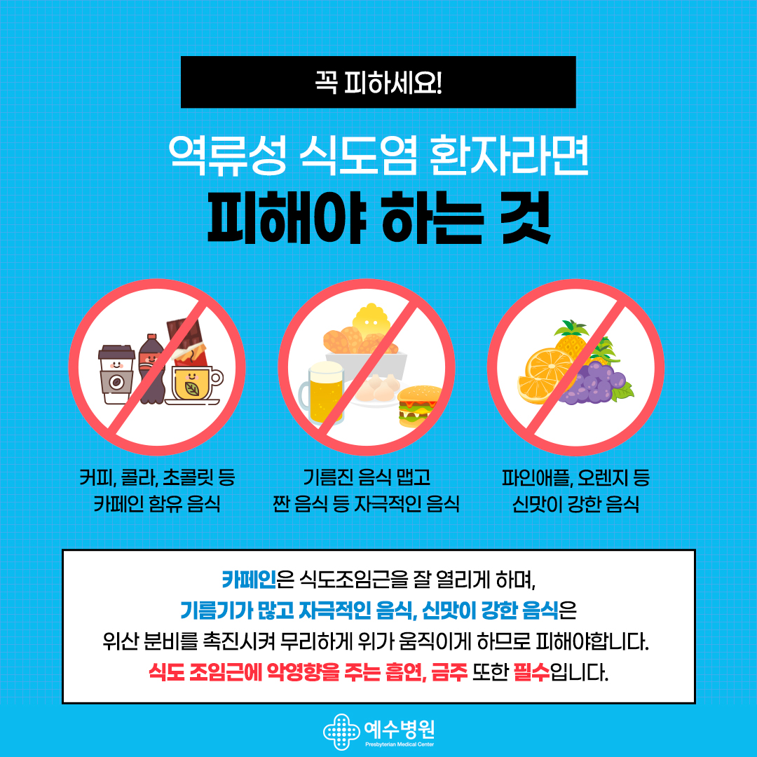 꼭 피하세요! 역류성 식도염 환자라면 피해야 하는 것.커피, 콜라, 초콜릿 등 카페인 함유 음식, 기름진 음식, 맵고 짠 음식 등 자극적인 음식, 파인애플, 오렌지 등 신맛이 강한 음식, 카페인은 식도조임근을 잘 열리게 하며, 기름기가 많고 자극적인 음식, 신맛이 강한 음식은 위산 분비를 촉진시켜 무리하게 위가 음직이게 하므로 피해야 합니다. 식도 조임근에 악영양을 주는 흡연, 금주 또한 필수 입니다.