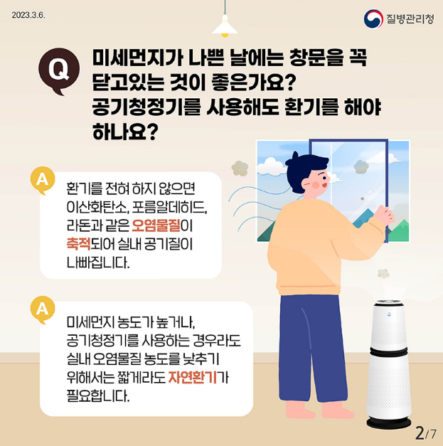 Q
미세먼지가 나쁜 날에는 창문을 꼭 닫고있는 것이 좋은가요?
공기청정기를 사용해도 환기를 해야 하나요?
A
환기를 전혀 하지 않으면 이산화탄소, 포름알데히드,
라돈과 같은 오염물질이
축적되어 실내공기질이 나빠집니다.

A
미세먼지 농도가 높거나,
공기청정기를 사용하는 경우라도
실내오염물질 농도를 낮추기
위해서는 짧게라도 자연환기가
필요합니다.