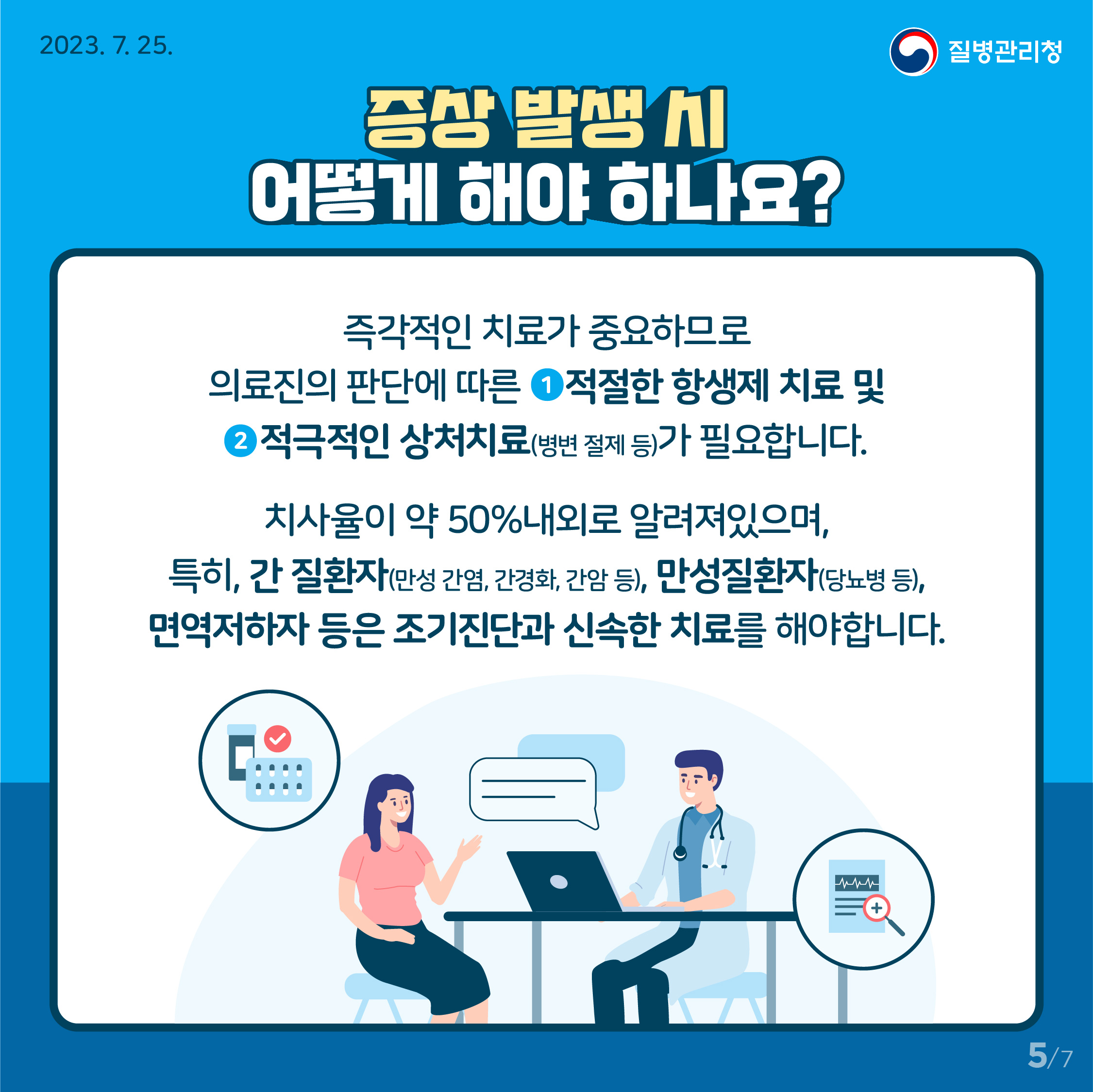 증상 발생 시 어떻게 해야 하나요? 즉각적인 치료가 중요하므로 의료진의 판단에 따른 적절한 항생제 치료 및 적극적인 상처치료(병변 절제 등)가 필요합니다. 치사율이 약 50% 내외로 알려져있으며, 특히, 간 질환자(만성 간염, 간경화, 간암 등), 만성질환자(당뇨병 등), 면역 저하자 등은 조기진단과 신속한 치료를 해야합니다.