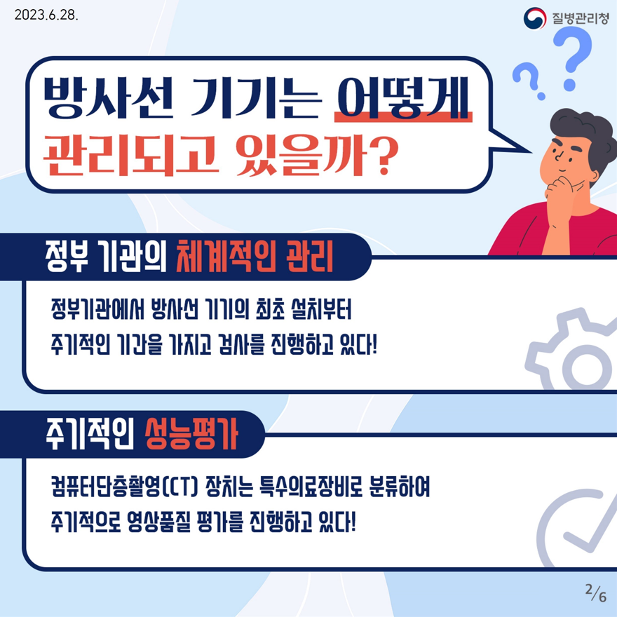 2023.6.28.
방사선 기기는 어떻게 관리되고 있을까?
정부 기관의 체계적인 관리 정부기관에서 방사선 기기의 최초 설치부터 주기적인
기간을 가지고 검사를 진행하고 있다!
주기적인 성능평가 컴퓨터단층촬영(CT) 장치는 특수의료장비로 분류하여
주기적으로 영상품질 평가를 진행하고 있다!