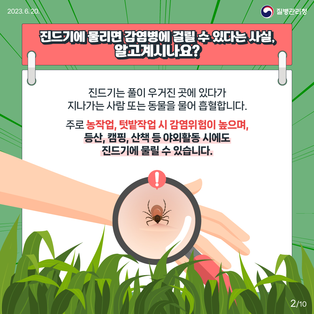 진드기에 물리면 감염병에 걸릴 수 있다는 사실, 알고계시나요? 진드기는 풀이 우거진 곳에 있다가 지나가는 사람 또는 동물을 물어 흡혈합니다. 주로 농작업, 텃밭작업 시 감염위험이 높으며, 등산, 캠핑, 산책 등 야외활동 시에도 진드기에 물릴 수 있습니다.