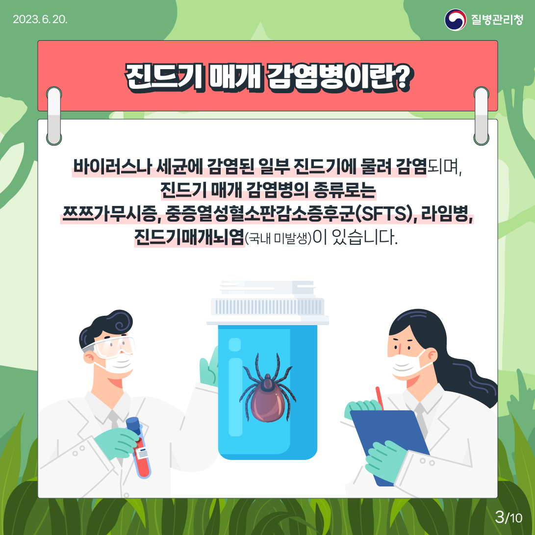 진드기 매개 감염병이란? 바이러스나 세균에 감염된 일부 진드기에 물려 감염되며, 진드기 매개 감염병의 종류로는 쯔쯔가무시증, 중증열성혈소판감소증후군(SFTS), 라임병, 진드기매개뇌염(국내 미발생)이 있습니다.