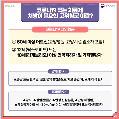 코로나19 먹는 치료제 처방이 필요한 고위험군 이란? 코로나19 고위험군 (1번 60세 이상 어르신 (요양병원, 요양시설 입소자 포함) 2번 12세(팍스로비드) 또는 18세(라게브리오) 이상 면역저하자 및 기저질환자) 면역저하자 (종양 또는 혈액암, 선천 면역 결핍증으로 치료 중인 자, 폐 이식 환자) 기저질환자 (당뇨, 심혈관질환, 만성 신장질환, 만성 폐질환, 체질량지수(BMI) 30KG/M제곱 이상, 신경 발달장애 또는 정신질환자)